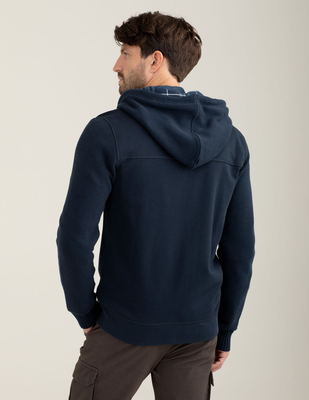 Felpa full zip con cappuccio e dettagli in maglia uomo blue fm25w04fz cc-a0601 Felpa full zip con cappuccio e dettagli in maglia