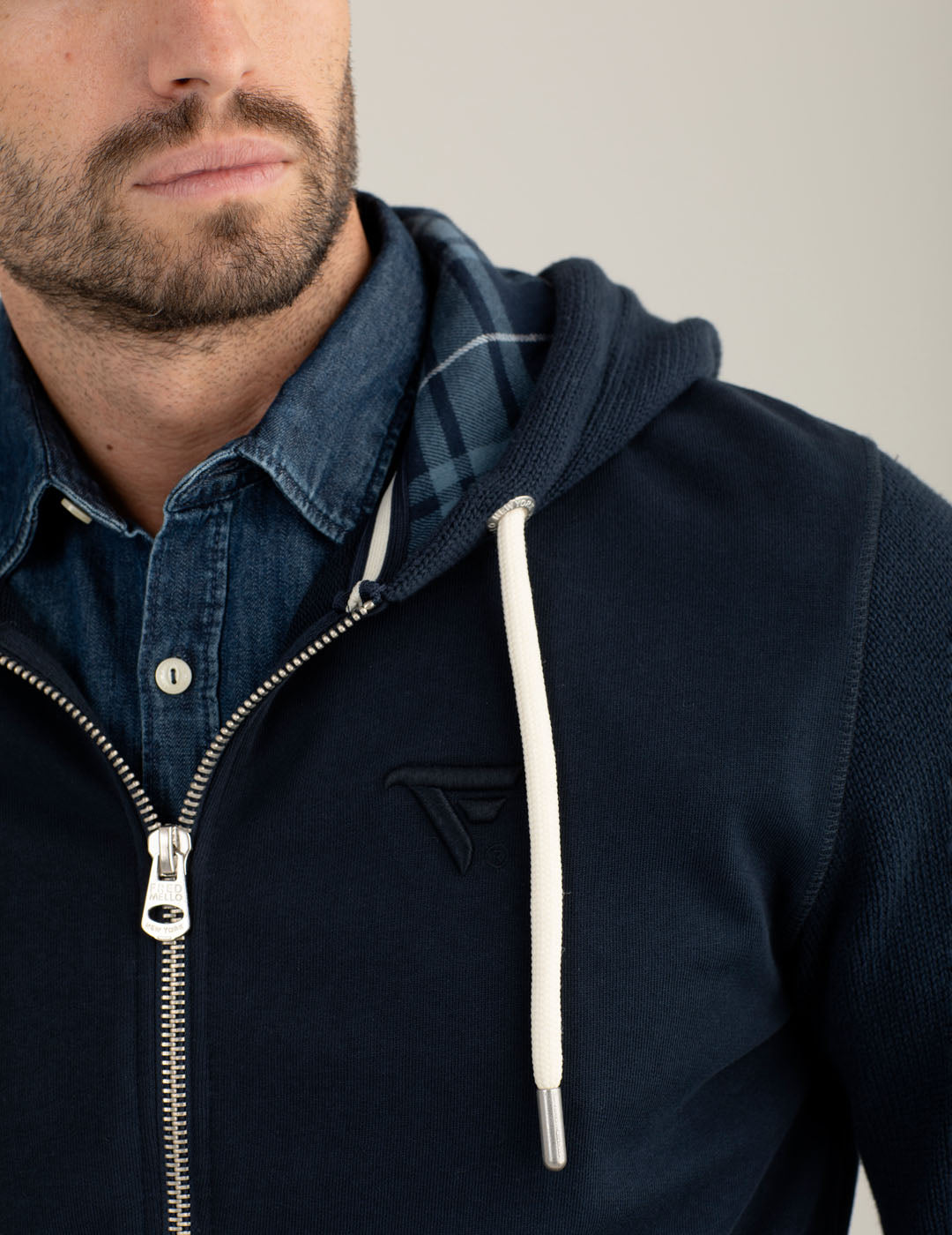 Felpa full zip con cappuccio e dettagli in maglia uomo blue fm25w04fz cc-a0601 Felpa full zip con cappuccio e dettagli in maglia
