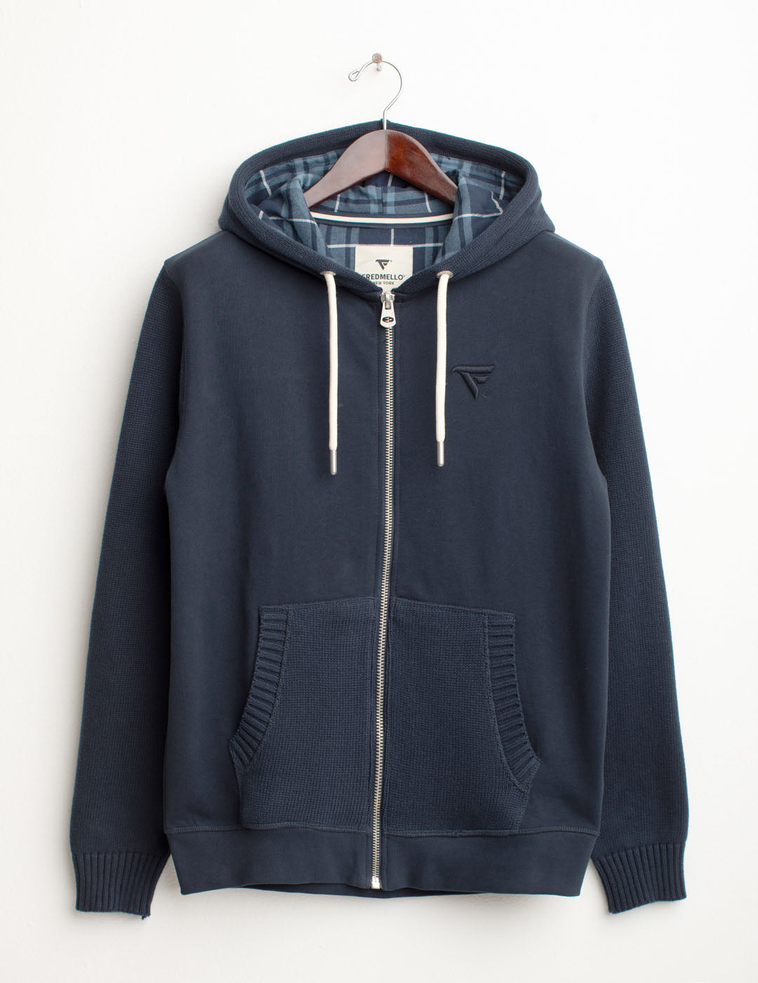 Felpa full zip con cappuccio e dettagli in maglia uomo blue fm25w04fz cc-a0601 Felpa full zip con cappuccio e dettagli in maglia