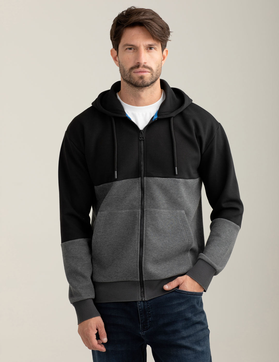 Felpa color block con zip e cappuccio uomo black fm25w10fz cc-a0951 Felpa color block con zip e cappuccio