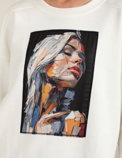 Felpa girocollo con patch in raso e strass