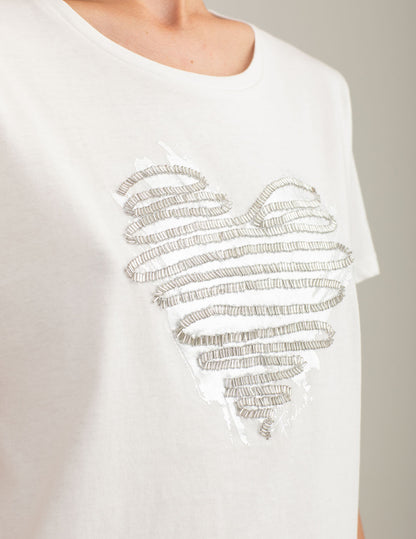 T-shirt con perline ricamate e stampa lamina