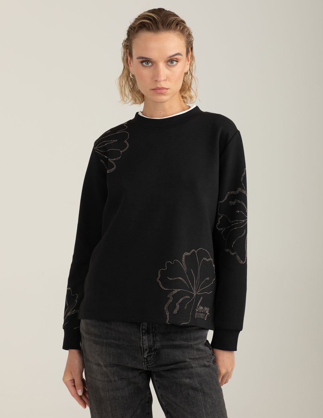 Felpa girocollo con strass e fiori donna black fw25w06fg cc-a0951 Felpa girocollo con strass e fiori