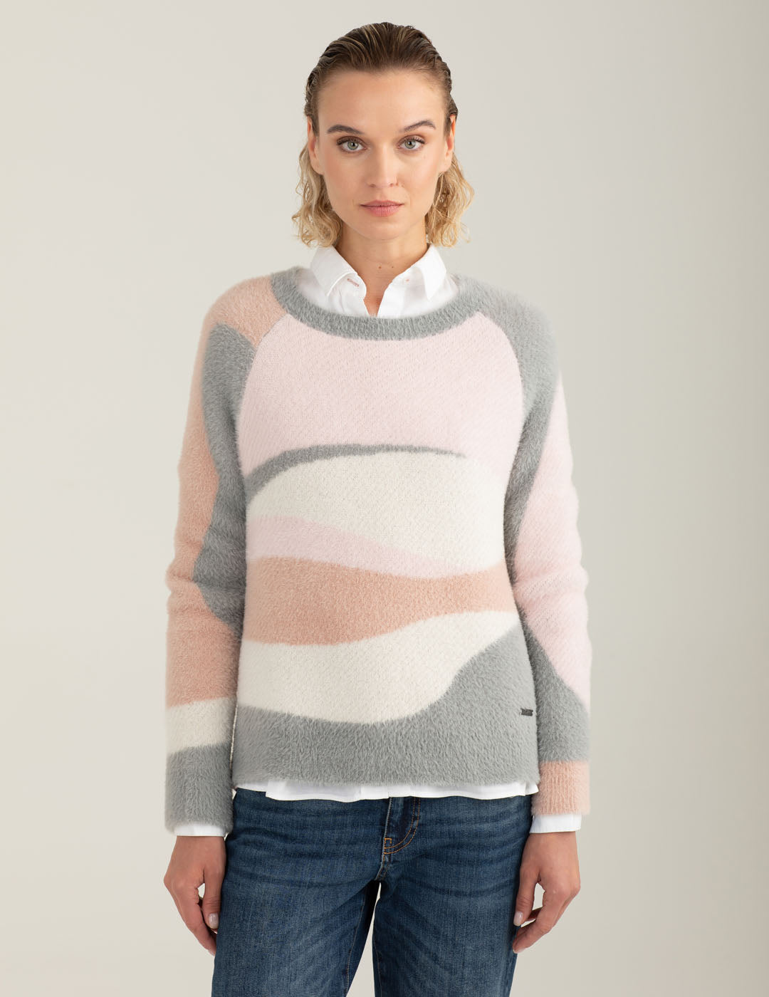 Maglia girocollo effetto pelliccia multicolore donna pink fw25w28mg cc-a0406 Maglia girocollo effetto pelliccia multicolore