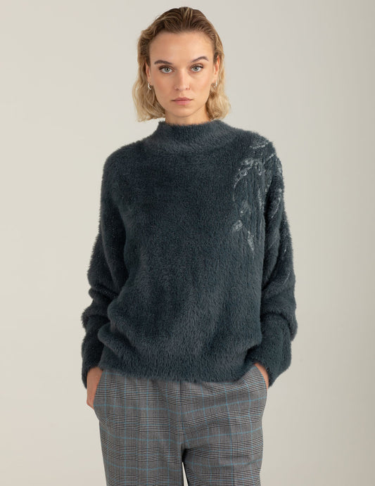 Dolcevita effetto pelliccia con ricami e paillettes donna dark gray fw25w22md cc-a0903