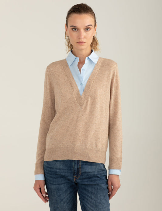 Maglia con colletto in tessuto camicia donna beige fw25w07ma cc-a0101