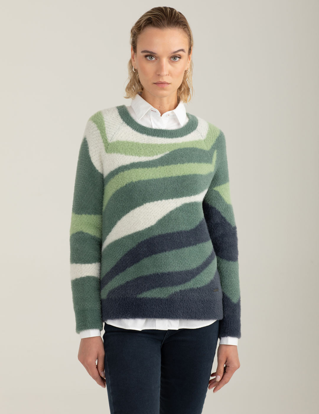 Maglia girocollo effetto pelliccia multicolore donna moss fw25w28mg cc-a0818 Maglia girocollo effetto pelliccia multicolore