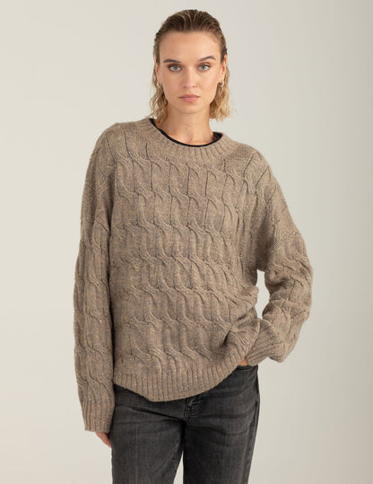 Maglia girocollo a trecce con micropaillettes