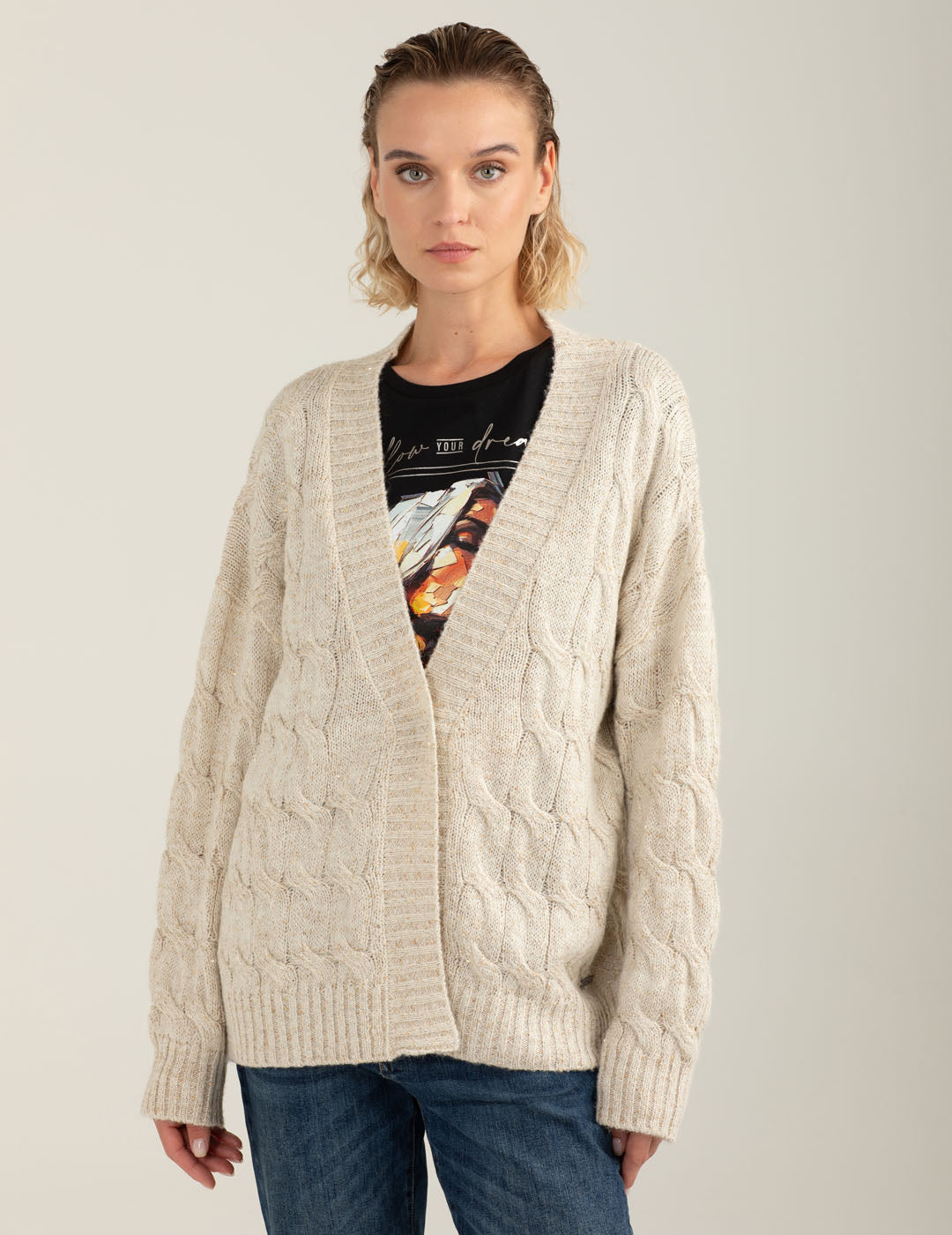 Maglia cardigan a trecce con micropaillettes donna off white fw25w45mk cc-a0002 Maglia cardigan a trecce con micropaillettes