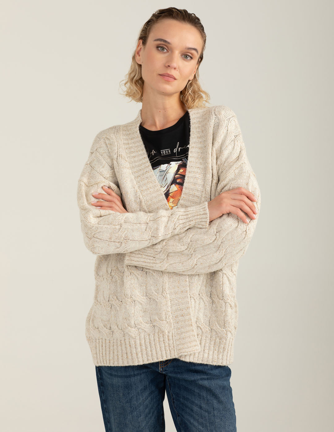 Maglia cardigan a trecce con micropaillettes donna off white fw25w45mk cc-a0002 Maglia cardigan a trecce con micropaillettes