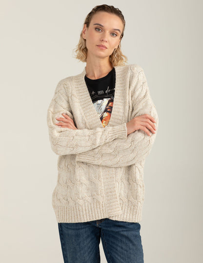 Maglia cardigan a trecce con micropaillettes