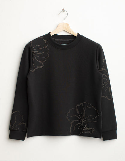Felpa girocollo con strass e fiori