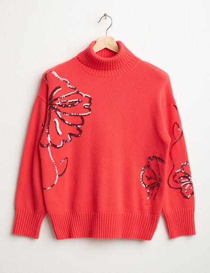 Maglia dolcevita con ricami floreali