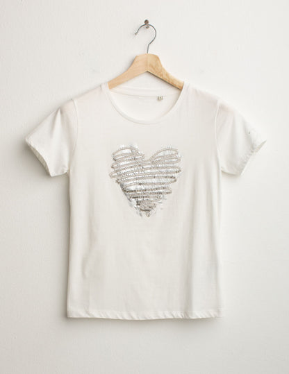 T-shirt con perline ricamate e stampa lamina