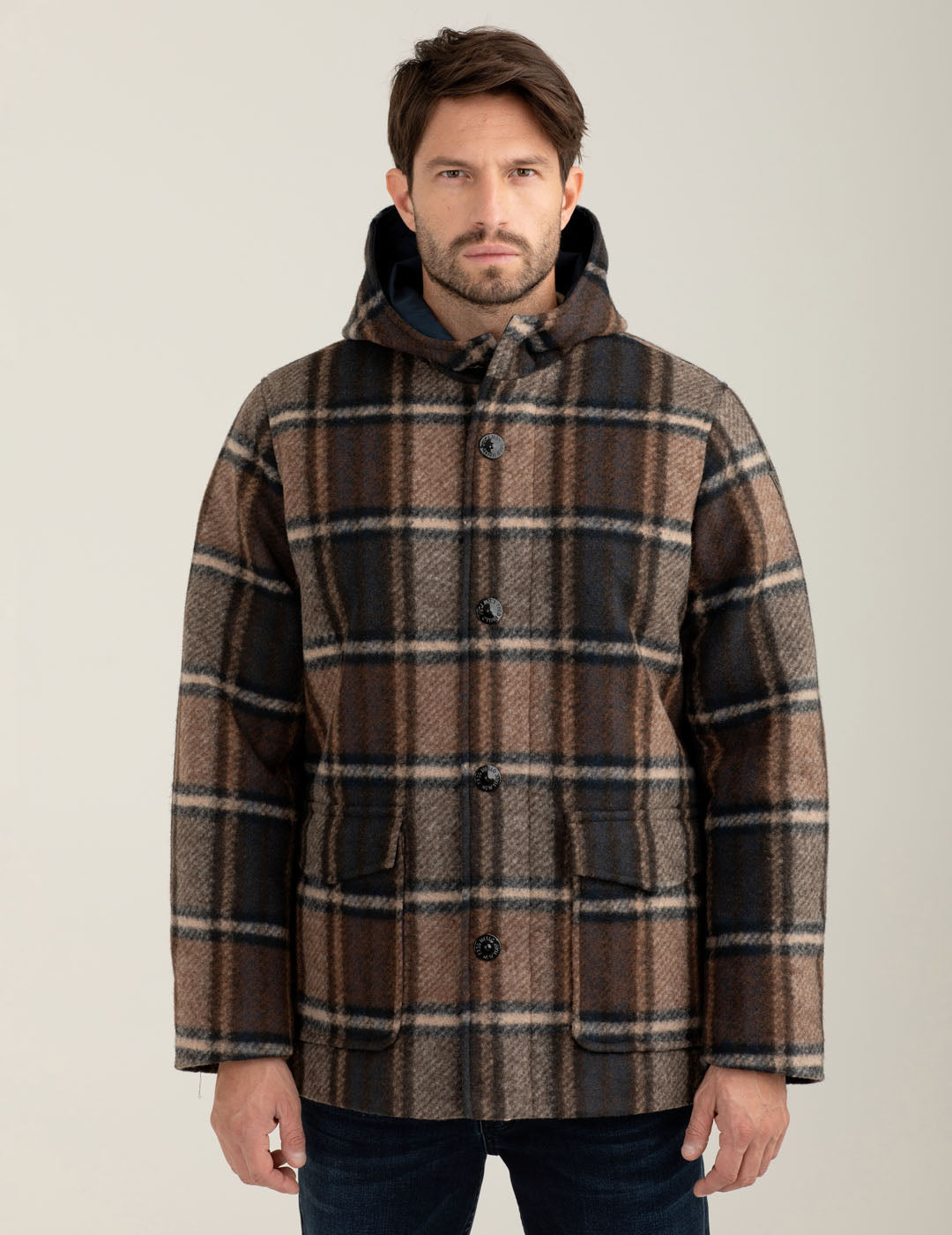 Padded check wool-blend parka with hood man mud fm25w14kt cc-a0107 Padded check wool-blend parka with hood