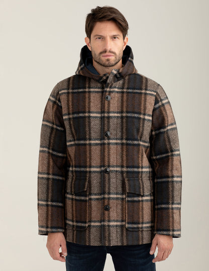 Padded check wool-blend parka with hood