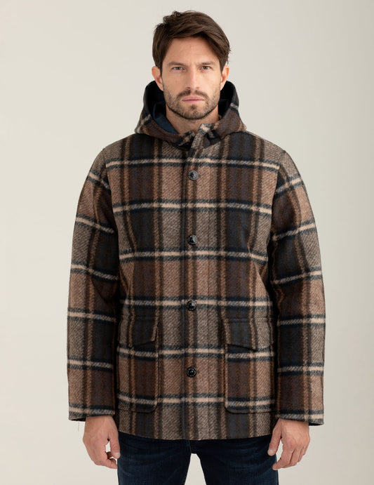 Padded check wool-blend parka with hood man mud fm25w14kt cc-a0107