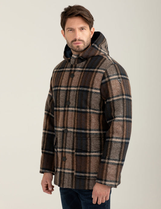 Padded check wool-blend parka with hood - back - 002