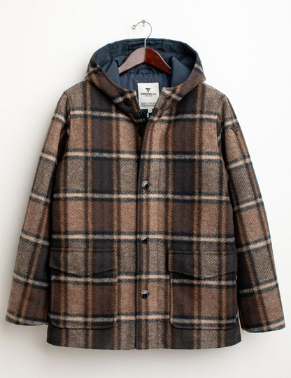 Padded check wool-blend parka with hood
