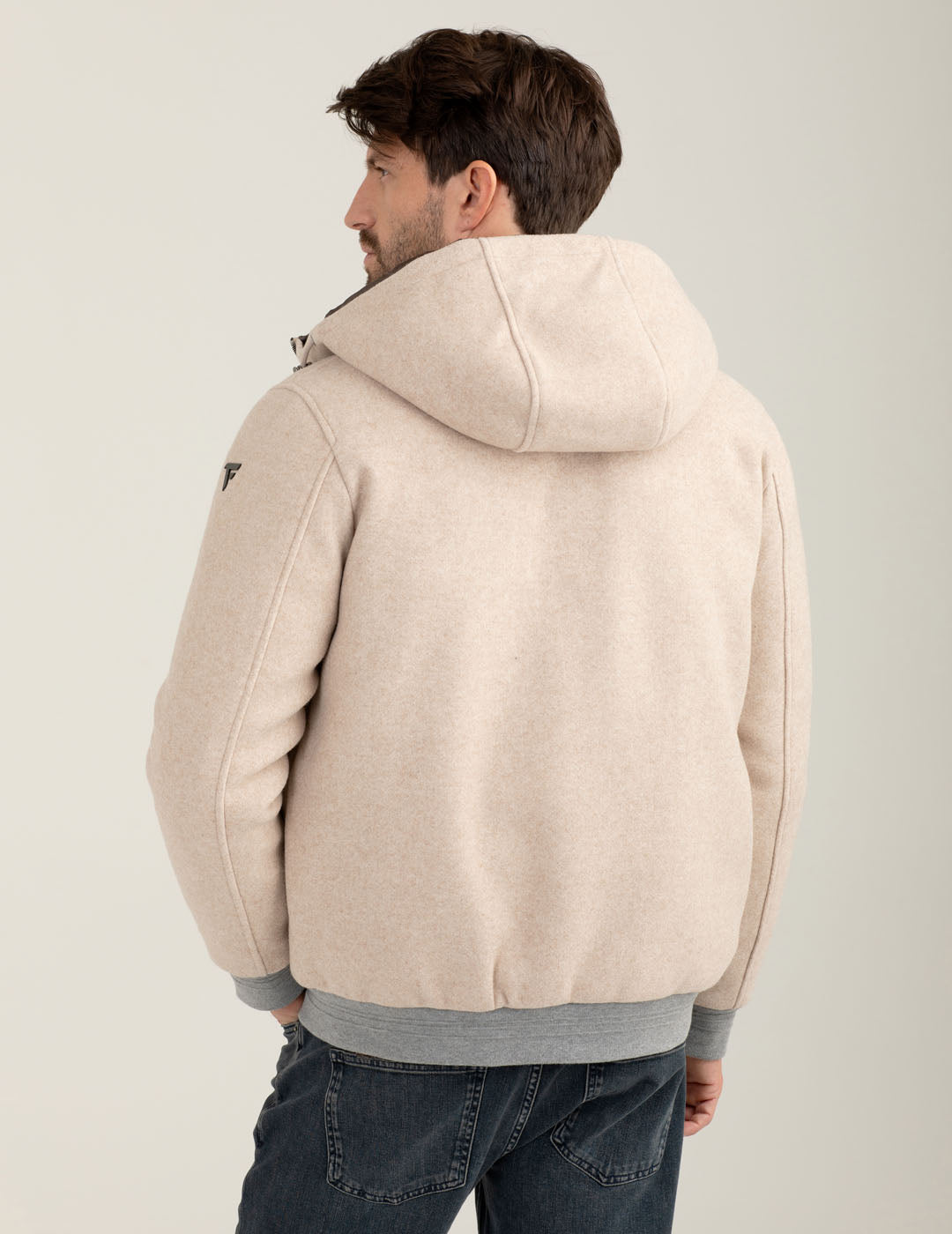 Hooded jacket with two-tone nylon lining man ivory melange fm25w10ku cc-a0911 Hooded jacket with two-tone nylon lining