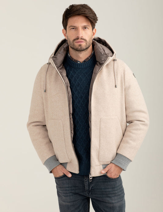 Hooded jacket with two-tone nylon lining man ivory melange fm25w10ku cc-a0911