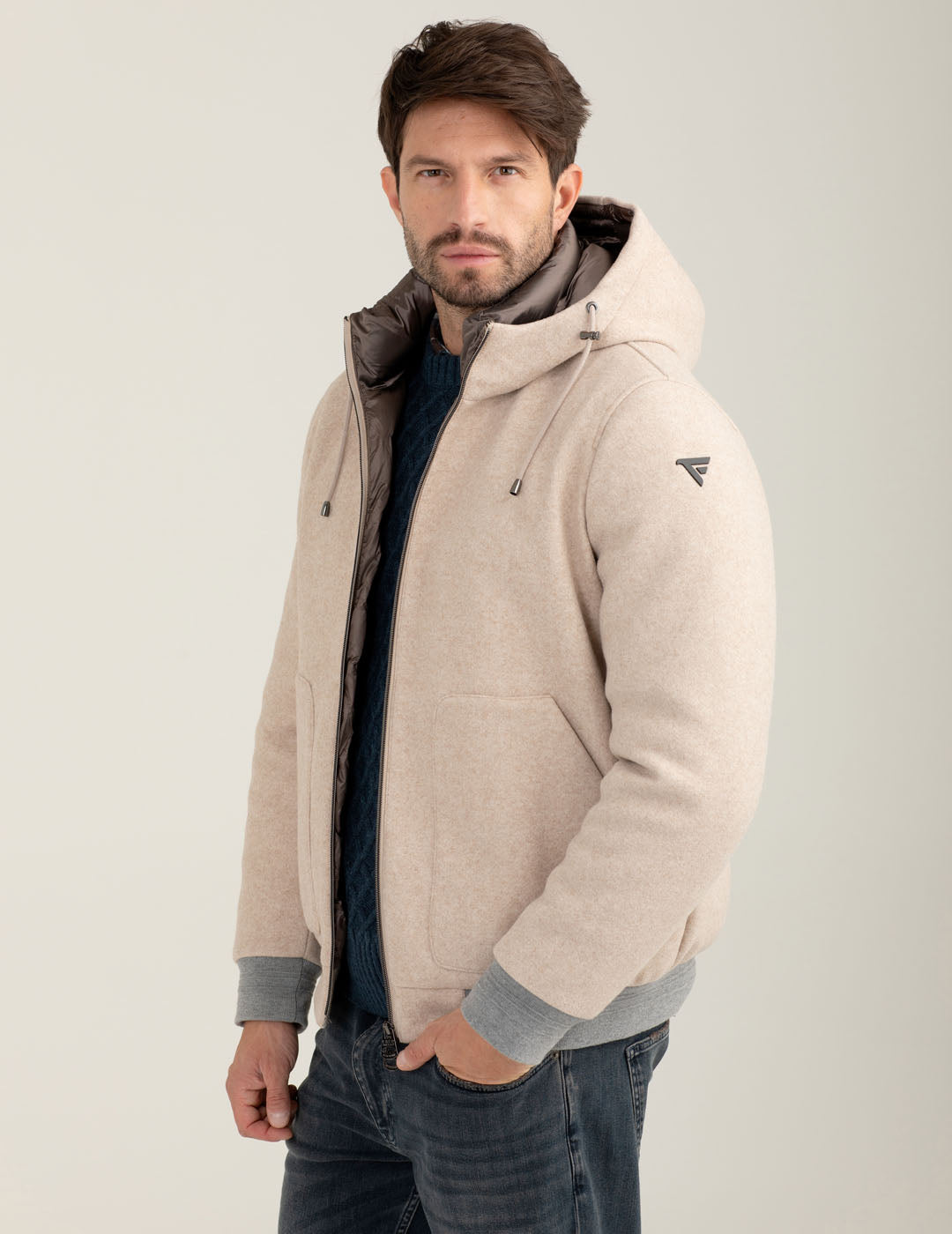 Hooded jacket with two-tone nylon lining man ivory melange fm25w10ku cc-a0911 Hooded jacket with two-tone nylon lining