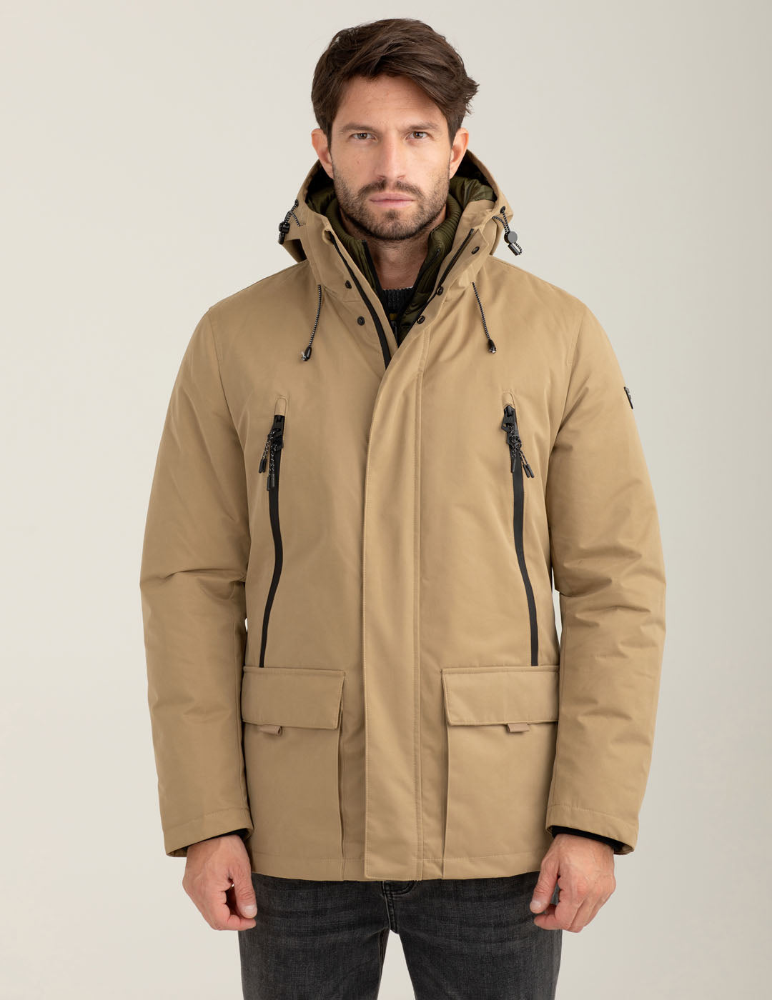 Giubbotto con cappuccio e davantino staccabile uomo kaki fm25w20ku cc-a0260 Giubbotto con cappuccio e davantino staccabile