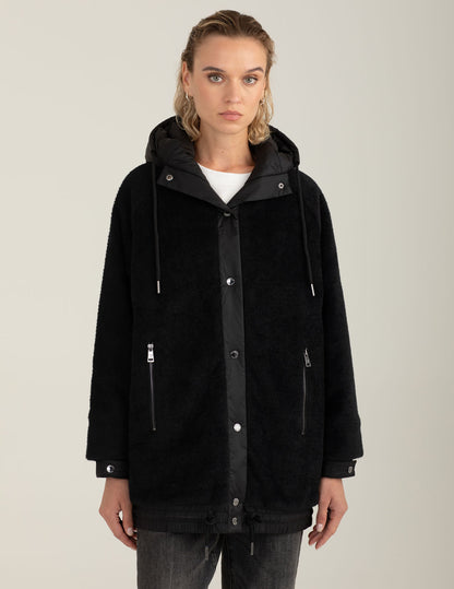 Fur-effect wool-blend puffer jacket with iridescent details