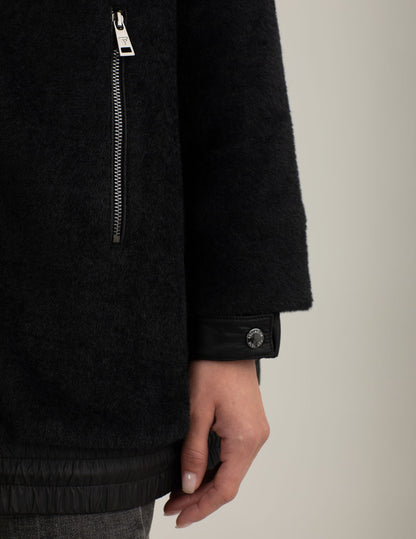 Fur-effect wool-blend puffer jacket with iridescent details