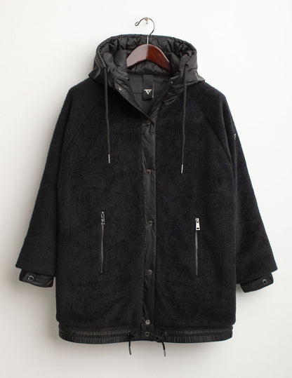 Fur-effect wool-blend puffer jacket with iridescent details