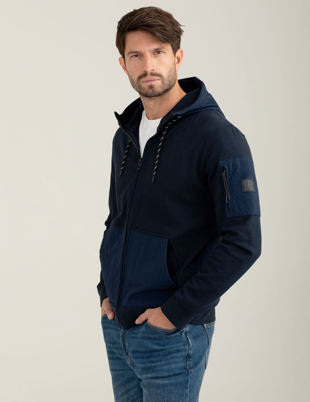 Felpa full zip con cappuccio e dettagli in nylon uomo blue fm25w11fz cc-a0601 Felpa full zip con cappuccio e dettagli in nylon