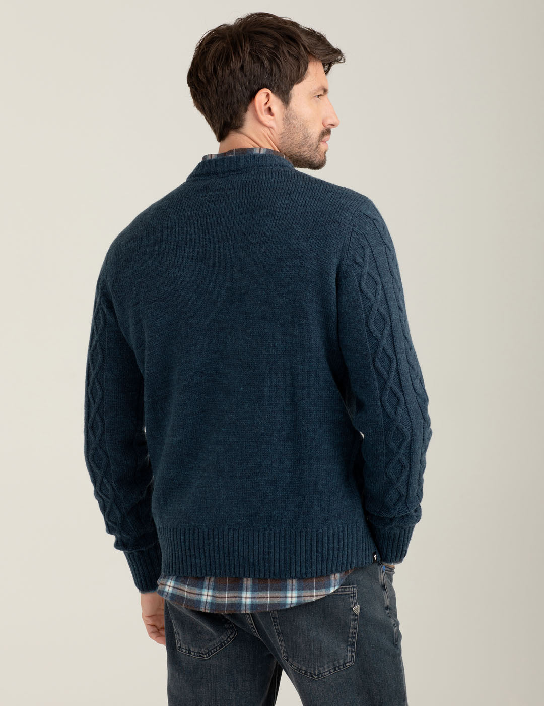 Maglia girocollo con lavorazione a trecce e rombi uomo denim melange fm25w06mg cc-a0620 Maglia girocollo con lavorazione a trecce e rombi