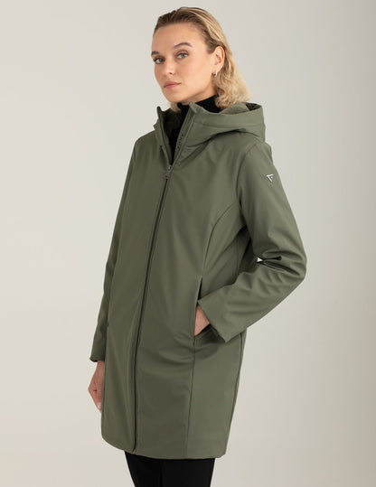 Long soft shell jacket with faux fur lining