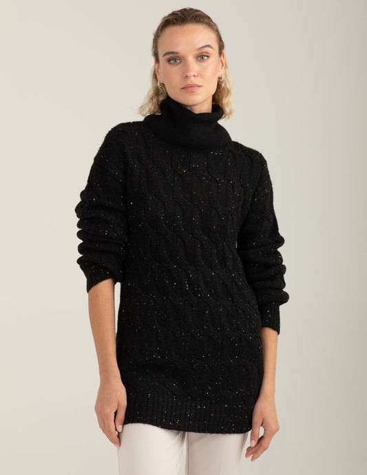Maglia dolcevita a trecce con micropaillettes donna black fw25w44md cc-a0951