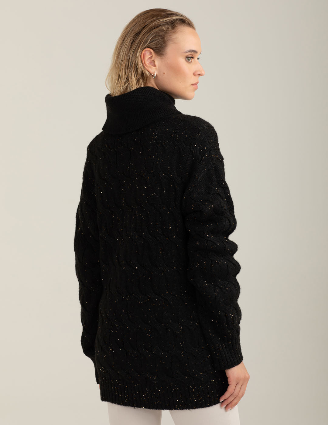 Maglia dolcevita a trecce con micropaillettes donna black fw25w44md cc-a0951 Maglia dolcevita a trecce con micropaillettes