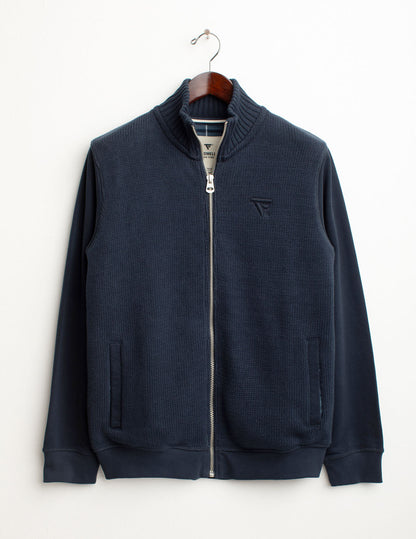 Full-zip stand collar sweatshirt with knit details