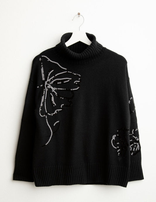 Maglia dolcevita con ricami floreali donna black fw25w12md cc-a0951