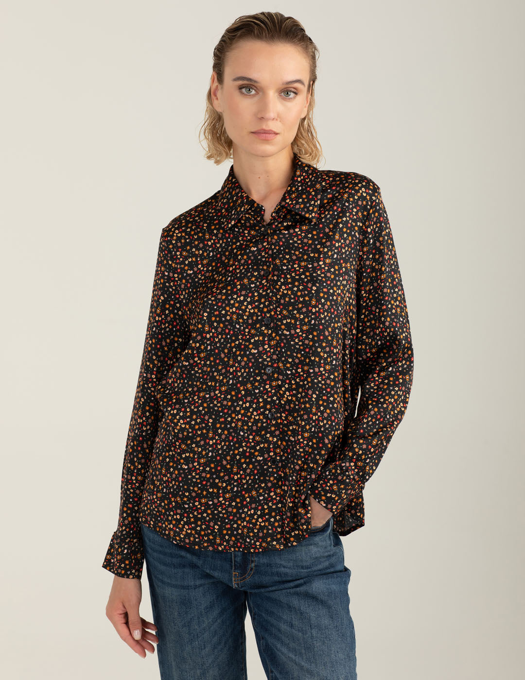 Camicia in raso stretch stampato donna multicolor fw25w10cs cc-a1406 Camicia in raso stretch stampato