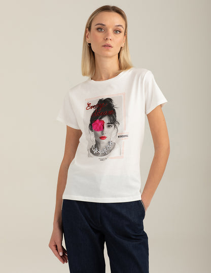 Crew Neck T-Shirt with Graphic and Embellishments