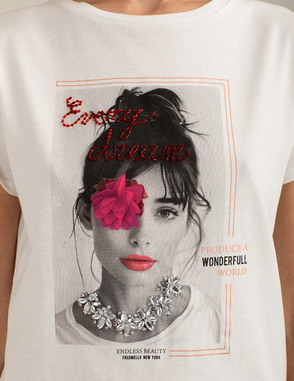 Crew Neck T-Shirt with Graphic and Embellishments