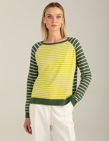 Long-Sleeve Raglan Crew Neck Knit with Stripes