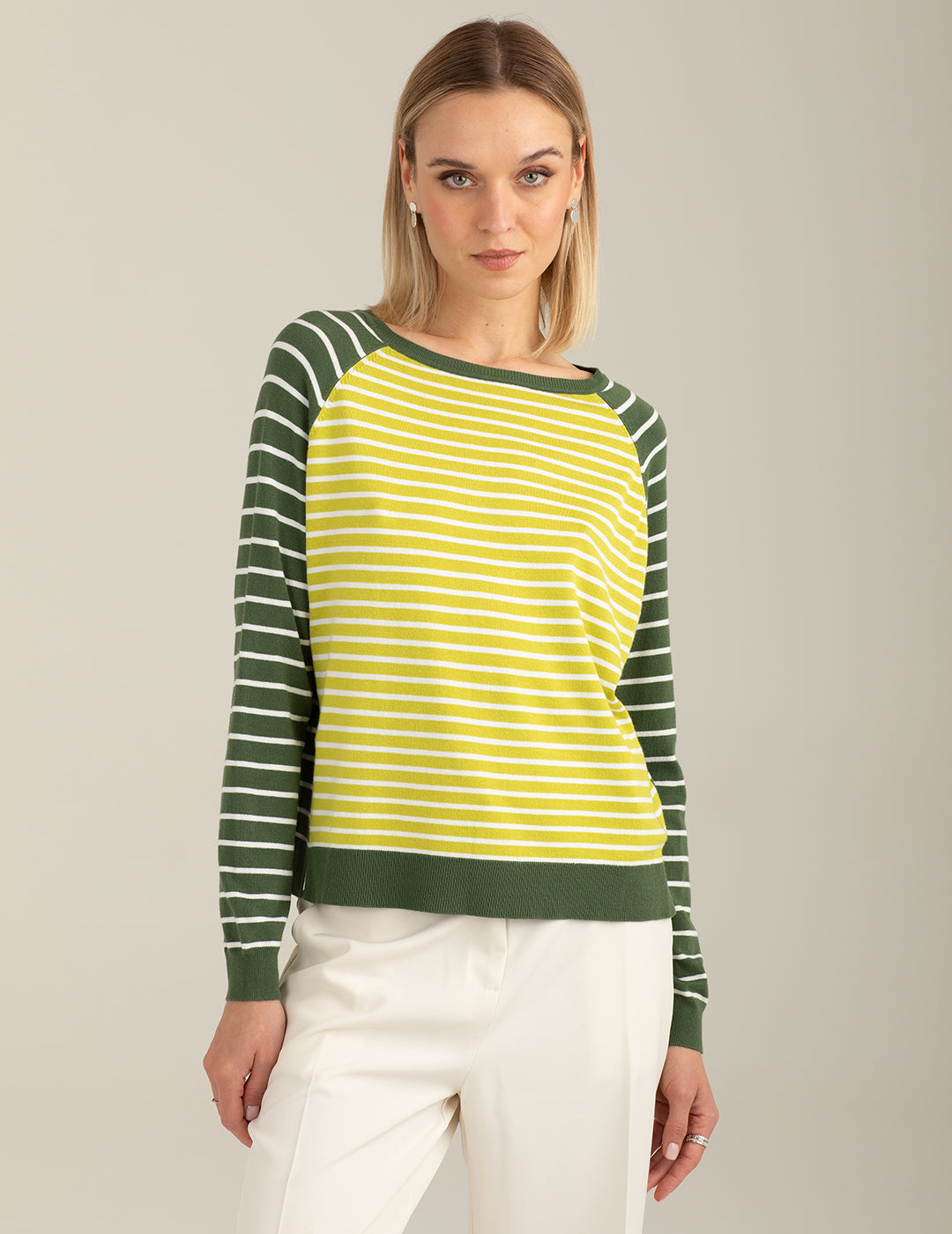 Long-Sleeve Raglan Crew Neck Knit with Stripes woman sage fw26s32mg cc-a0811 Long-Sleeve Raglan Crew Neck Knit with Stripes