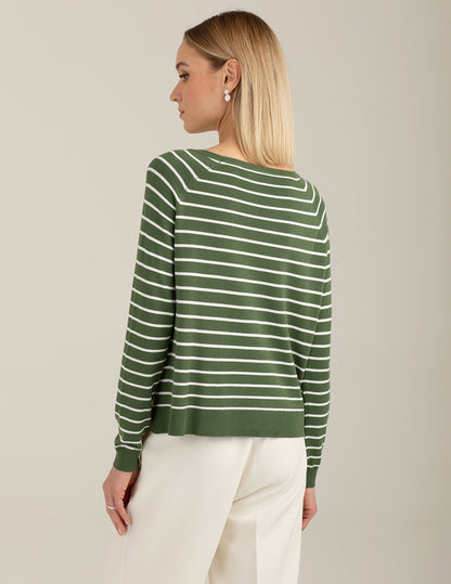 Long-Sleeve Raglan Crew Neck Knit with Stripes