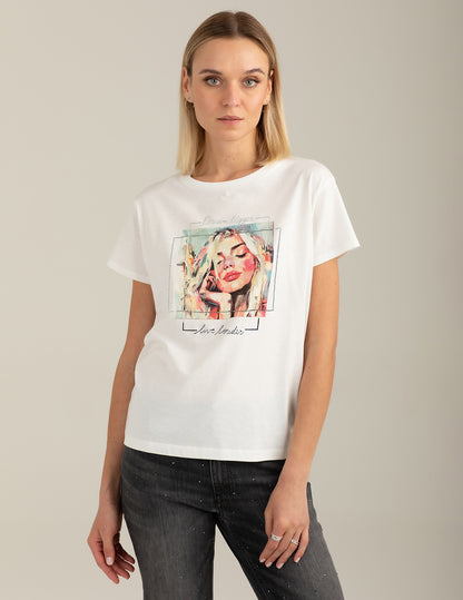 Crew Neck T-Shirt with Graphic and Rhinestones
