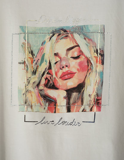 Crew Neck T-Shirt with Graphic and Rhinestones