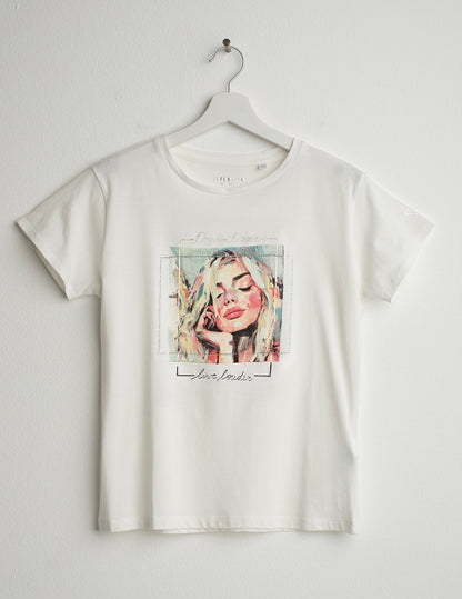 Crew Neck T-Shirt with Graphic and Rhinestones