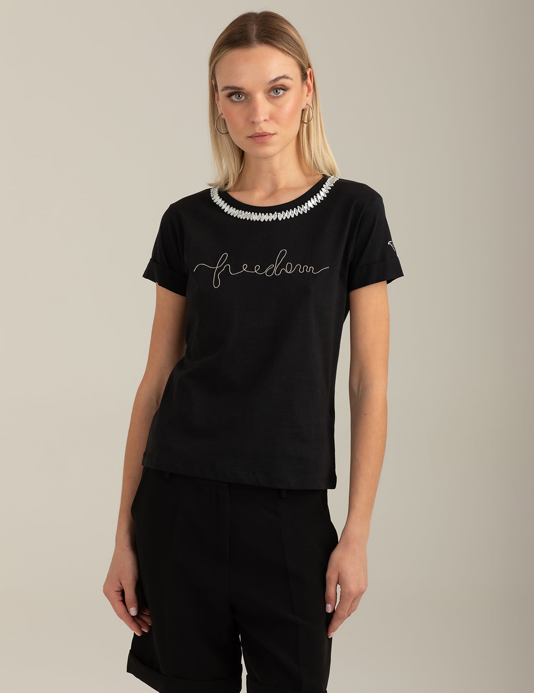 Crew Neck T-Shirt with Embroidery and Embellishments woman black fw26s13tg cc-a0951 Crew Neck T-Shirt with Embroidery and Embellishments