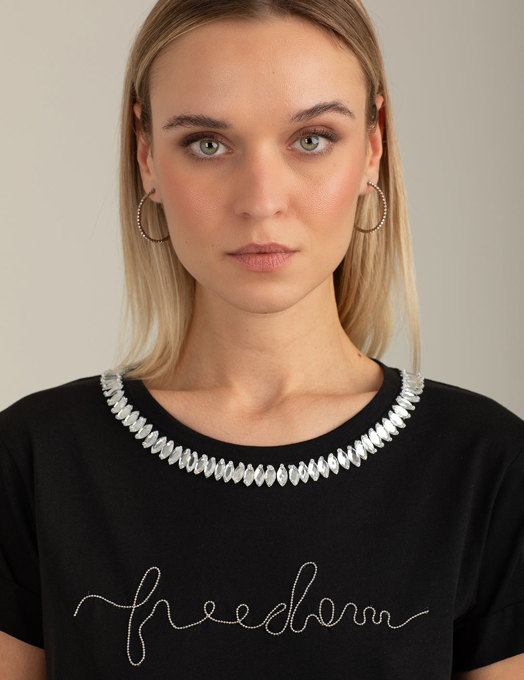 Crew Neck T-Shirt with Embroidery and Embellishments woman black fw26s13tg cc-a0951 Crew Neck T-Shirt with Embroidery and Embellishments