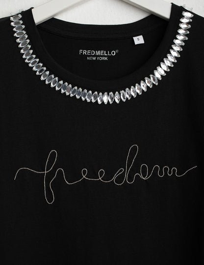 Crew Neck T-Shirt with Embroidery and Embellishments