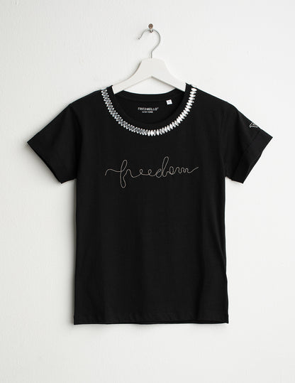 Crew Neck T-Shirt with Embroidery and Embellishments